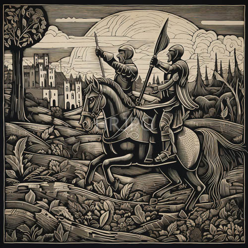 armored knights charge past lush foliage toward distant castle towers