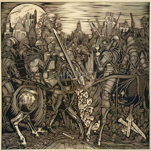 ruined castle walls stand beyond knights clashing on horseback at dawn