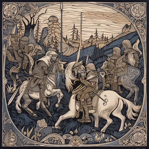 ornate decorative borders frame knights riding horses through forest terrain