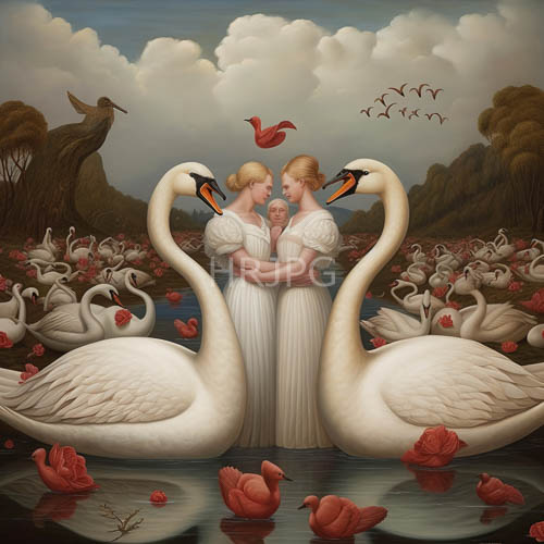 floating red roses and white swans surround women in white dresses