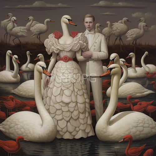 sunset light bathes flamingos and swans near elegant couples in water