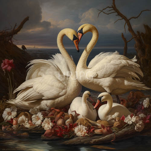 white swans form elegant x shape amidst wildflowers and cloudy ocean skies