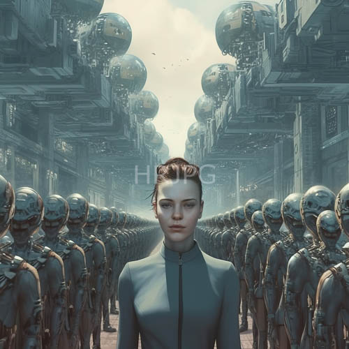 metallic robot lines frame paleskinned woman in futuristic city streets