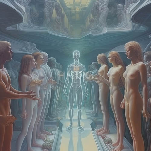 High Resolution: Tribal assemblies gather beneath skeletal figure in ancient stone statues ethereal glow download. | HRJPG.com