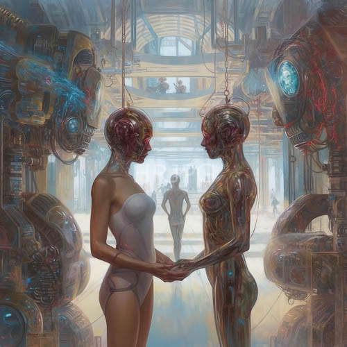 humanoid cybernetic females in illuminated futuristic corridor amidst robotic heads