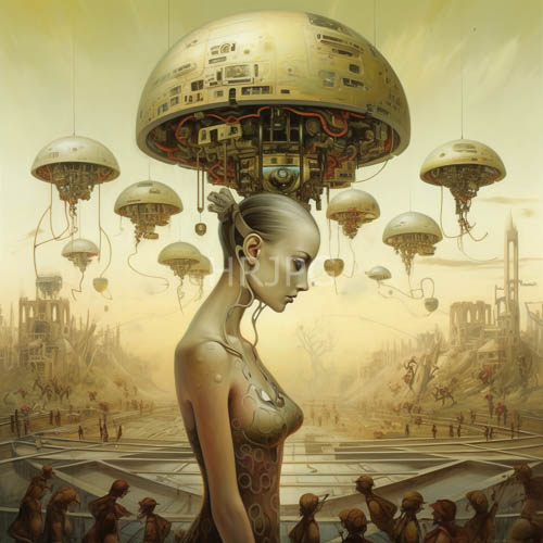 High Resolution: Silverskinned women with intricate tattoos stand beside futuristic floating cities amidst wirewoven spacecraft download. | HRJPG.com