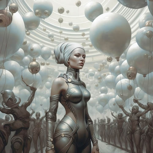 women in metallic armor pose confidently amidst floating balloons and bronze statues in futuristic celebration