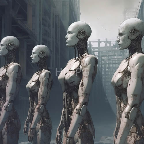 High Resolution: Industrial City Streets Feature Identical Humanoid Robots with Pale Blue Skin download. | HRJPG.com