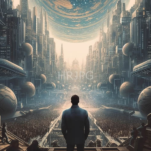 men in blue stand at citys edge gazing out over skyscrapers and floating spheres