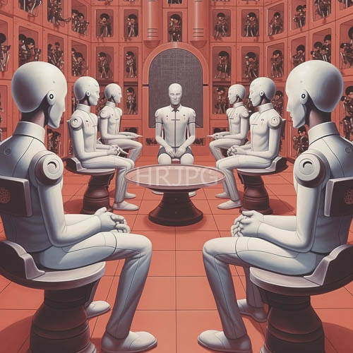 humanoid robots in formal orangetiled room with metallic bodies and circular heads converse strategically