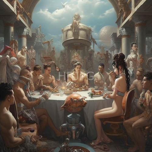ancient greek nobility gathered around a grand intricately carved dining table amidst classical marble columns