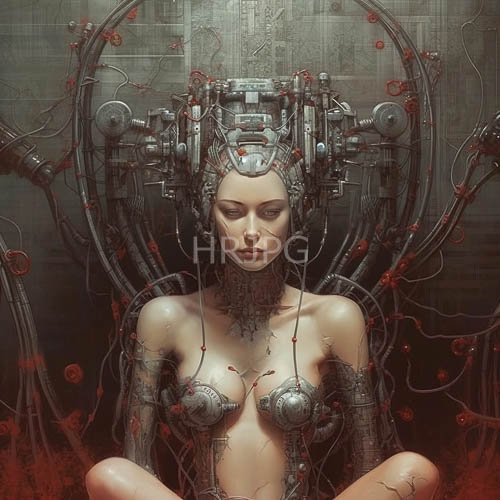 androgynous cybernetic models sit crosslegged amidst industrial machinery complexities