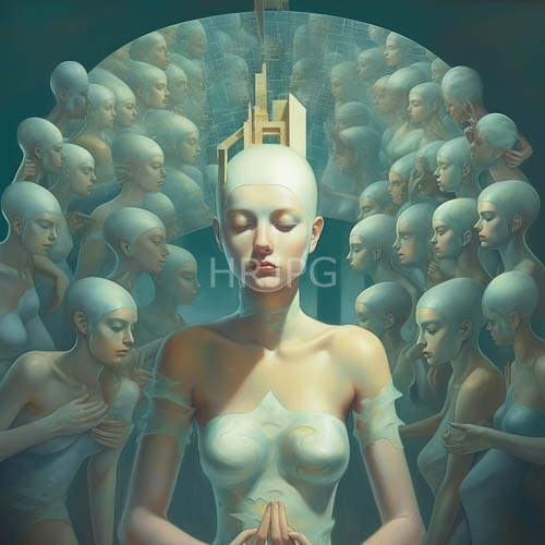 ethereal woman of purity sits in serene meditative stillness at frame center