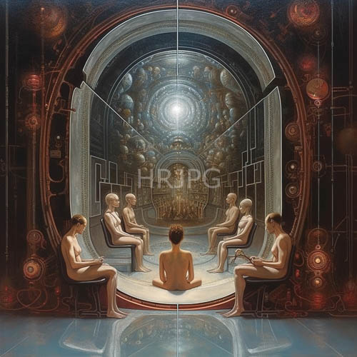 High Resolution: Seven nude figures in futuristic chambers with archshaped hightech patterns and glowing orbs download. | HRJPG.com