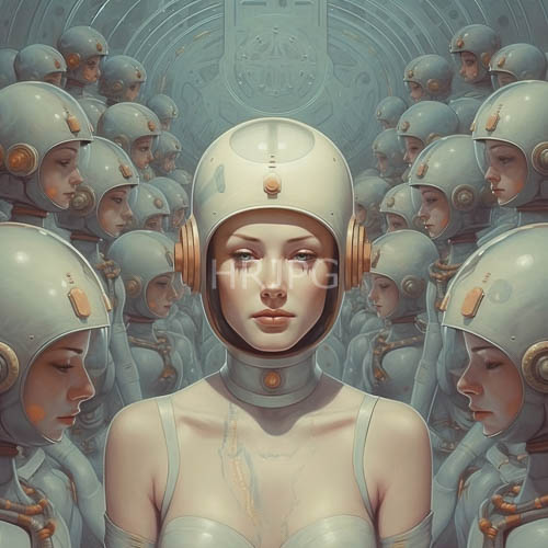 ethereal women with pale skin and metallic headgear stand amidst rows of uniform figures