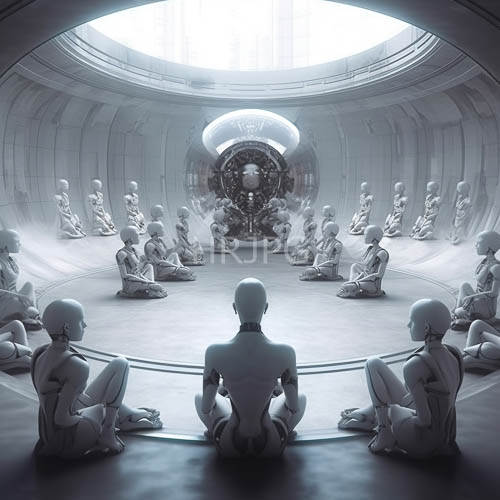 humanoid robots in circumferential formation within a circular room under ambient illumination