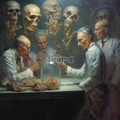 elderly men examine anatomical specimens in laboratory setting with skulls