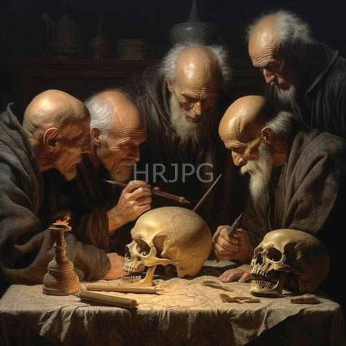 elderly men examine human skulls under dim tablecloth illumination