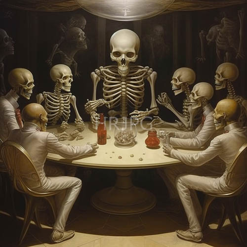 formal skeletons sit around oval table in quiet dark and composed space