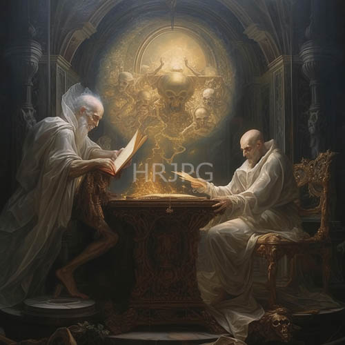 ancient scholars attired in flowing robes gather around altar in classical sanctuary