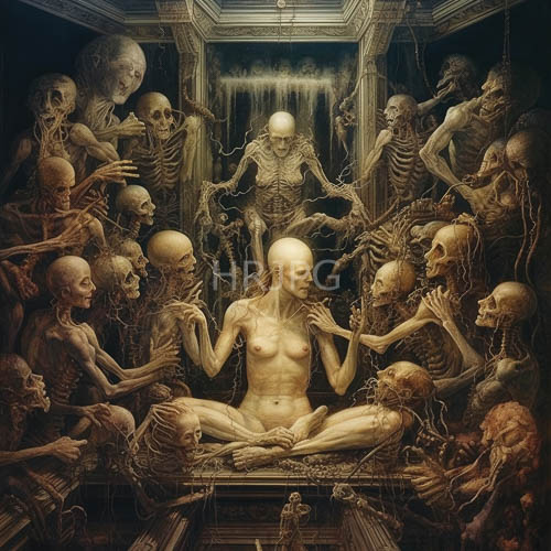 central nude female figure surrounded by skeletal figures in intricate