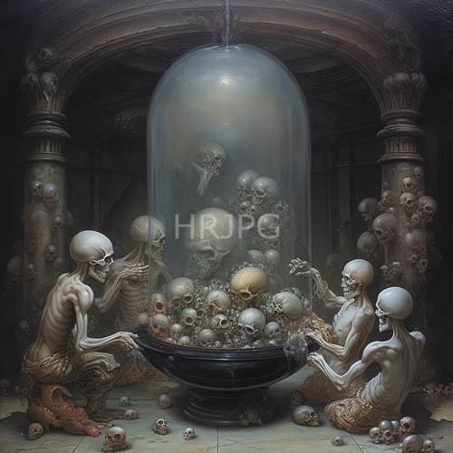 elongated skeletal humanoids surround black stone basin in ancient stone chamber under translucent dome
