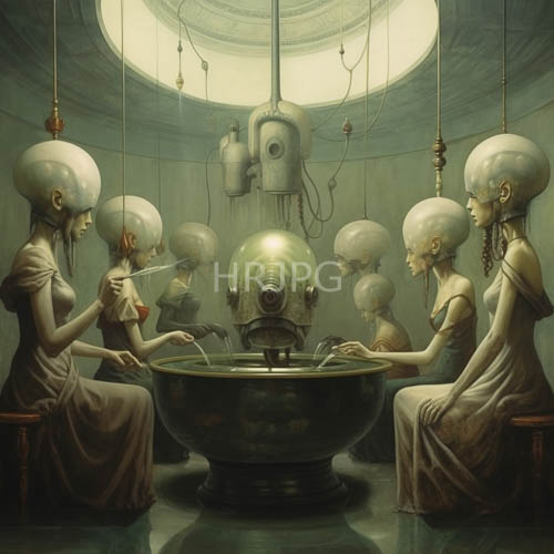 High Resolution: Dome headed entities gather inside an eerie circular stone chamber download. | HRJPG.com