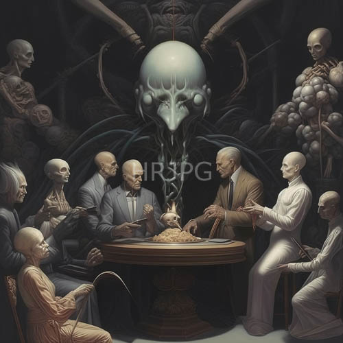 formal skeletal figures assemble for macabre banquet amidst carved wooden table in dimly lit hall
