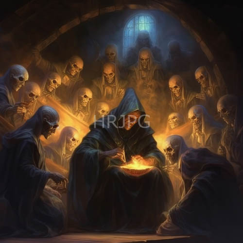 skeletal figures surround hooded figures with glowing embers under blue moonlight in a misty atmosphere