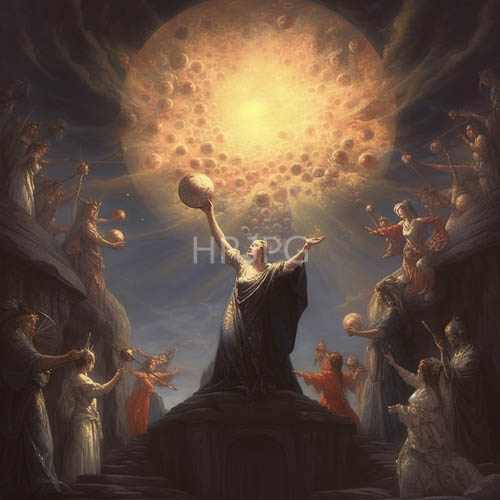 classical figures in flowing robes and angelic wings surround a central figure on elevated steps who holds up a globe toward suspended planetary clusters in the dark clouds