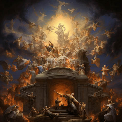 High Resolution: Angels in Dynamic Poses Surround a Central Glowing Sun Amidst Classical Architecture download. | HRJPG.com