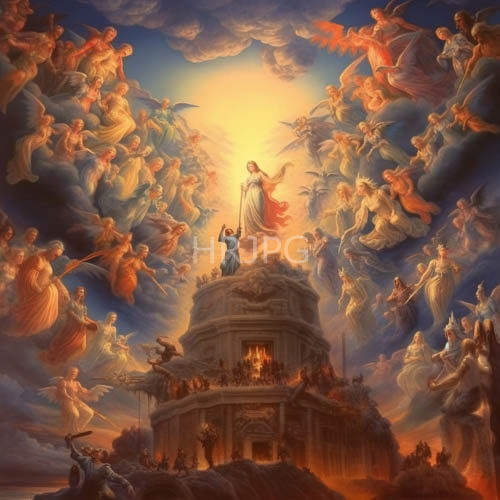 angels and celestial figures surround jesus on mount calvary at fading sunset