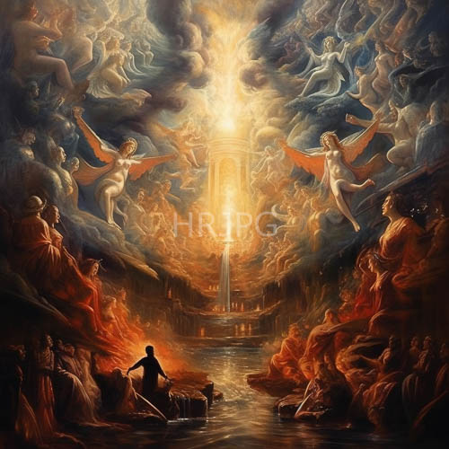 angels and mythological figures in baroquestyle paintings amid fiery descent and waters edge