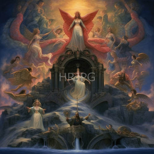angelic figures on rocky terrain with flowing white and pink robes and golden wings