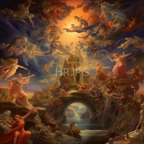 baroquestyle paintings surround ancient roman ruins with ethereal beings in flowy robes under a sunset sky