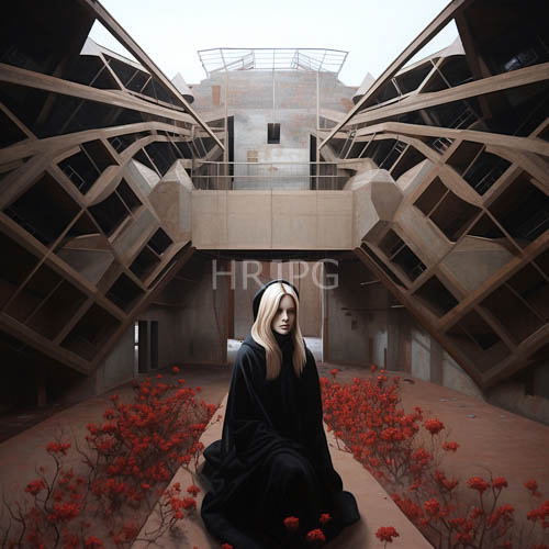 women in black robes sit in modern geometric courtyard gardens amidst red flowers under overcast skies