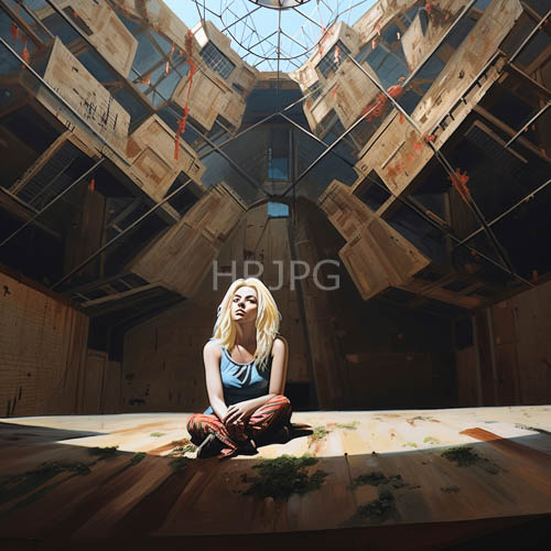 blonde women sit crosslegged on wooden floors in abandoned industrial buildings with sunlight streaming through skylights