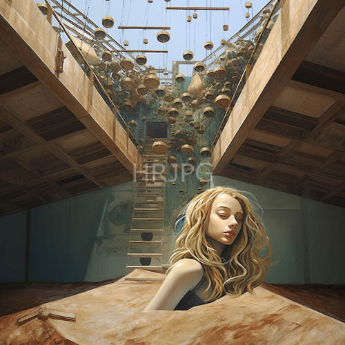 blonde women with wavy hair stand before abstract wooden structures amidst circular lanterns and bells