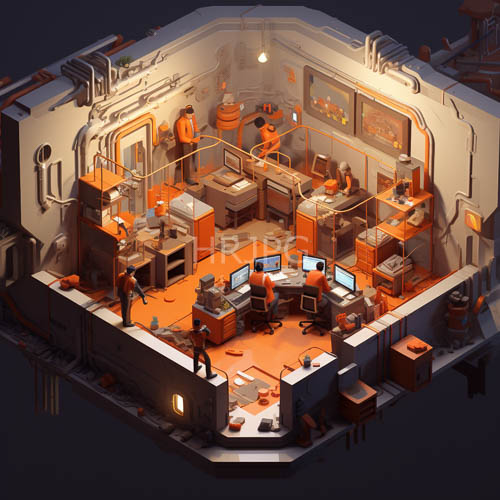 six scientists working in futuristic isometric control rooms amidst complex equipment and gear