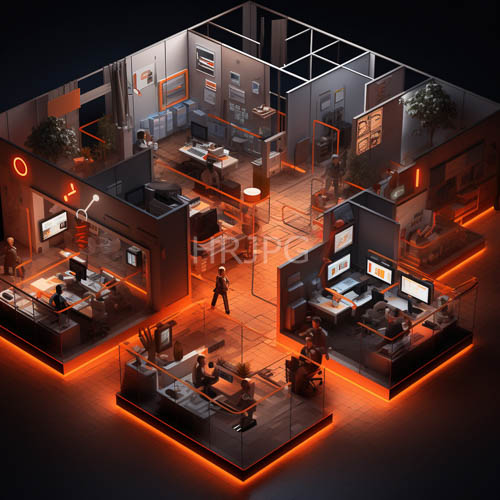 High Resolution: Modern office spaces bathed in orange light with glowing glass partitions and computers download. | HRJPG.com