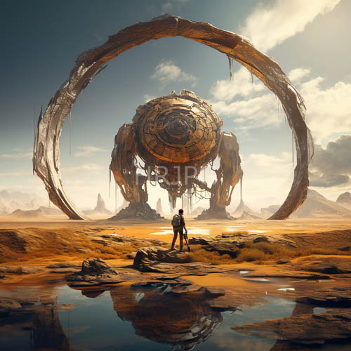 desert landscapes of ancient industrial towers amidst mechanical structures and reflective water pools