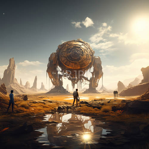 High Resolution: Mechanical sphere amidst desert mountains amidst golden grasses with intricate gears download. | HRJPG.com