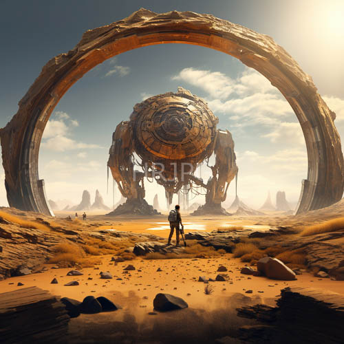 desert landscapes under intense sunlight reveal sprawling golden sands rocky terrain contrasting massive mechanical structures