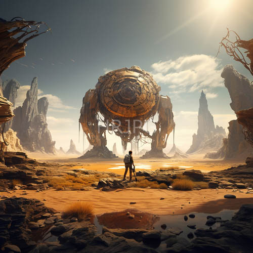 mechanical sphere dominates rocky desert landscapes under direct sunlight exposure