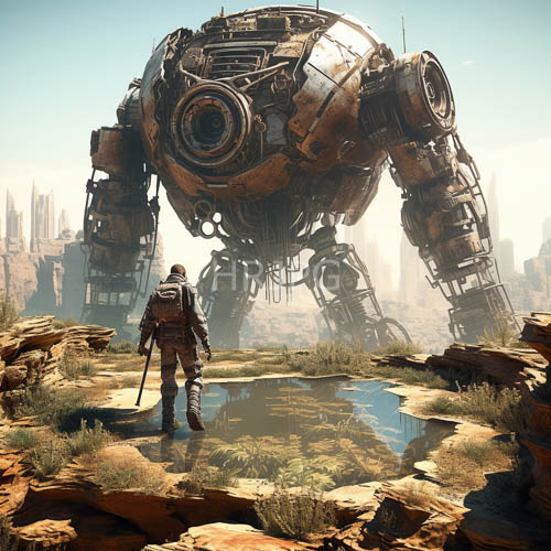armored soldiers face ancient metal beasts along a rocky coast