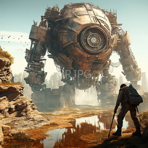 High Resolution: Mechanical creatures hover over rocky terrain near water reflections amidst rugged landscape download. | HRJPG.com