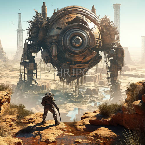 cybernetic figures in dark armor stand amidst rocky terrain towering gears and pistons