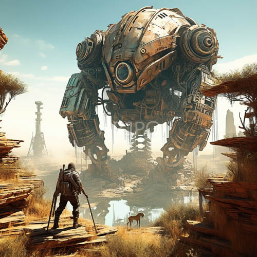 cybernetic figures confront mechanical giants on rocky terrain near reflective ponds and futuristic structures