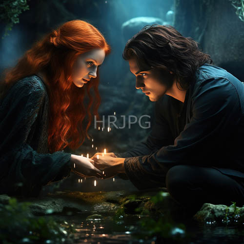 young adults in lush forest with red hair and wavy brown hair in romantic candlelit moment