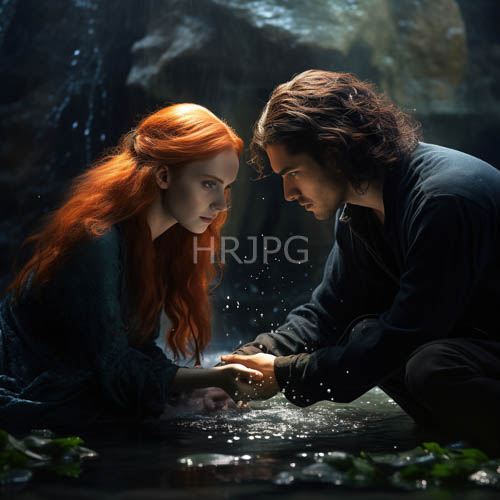 romantic of redhaired women and darkhaired men by misty waters edge